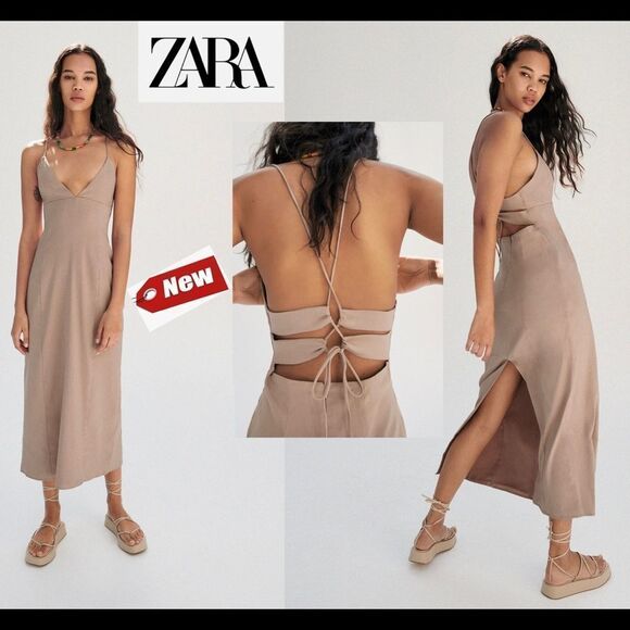 Zara chocolate brown linen blend spaghetti strap dress Sz L NWT - Picture 1 of 7